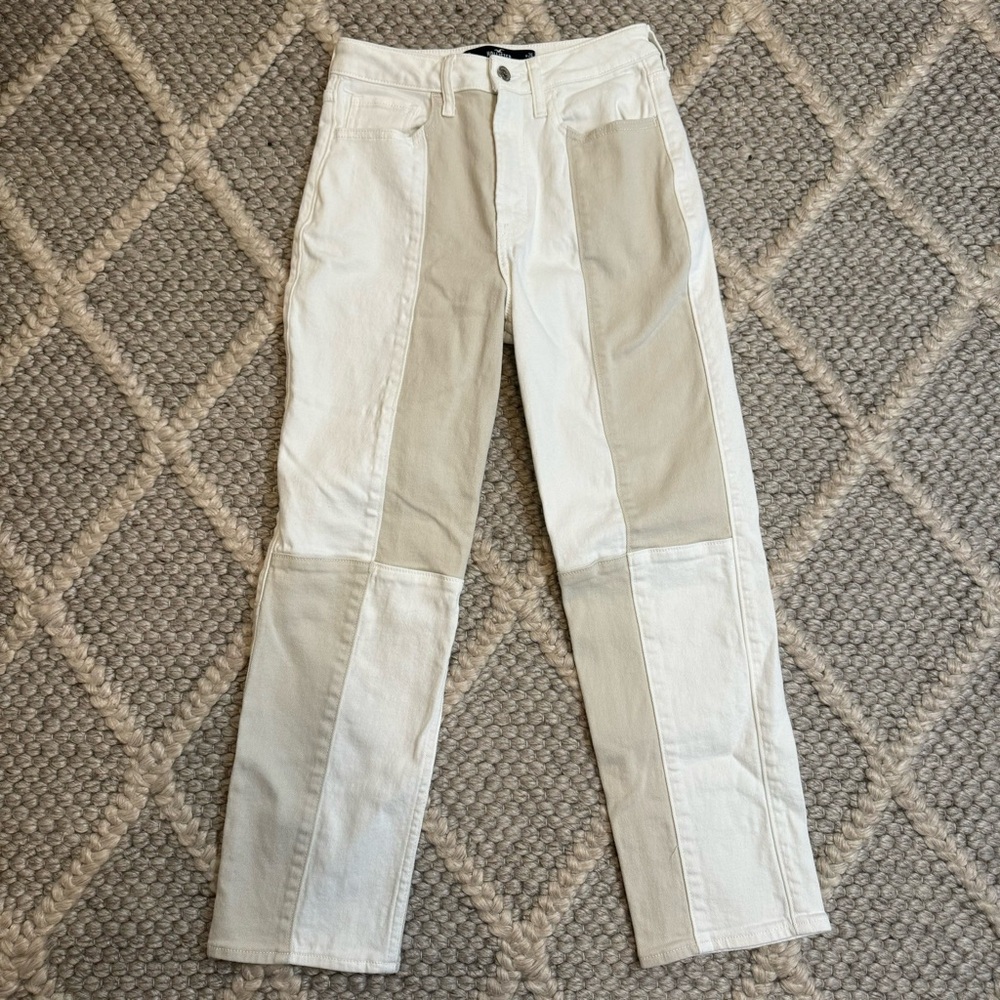 HOLLISTER White and Gray Patchwork Ultra High-Rise Vintage Straight Jeans Sz 26
